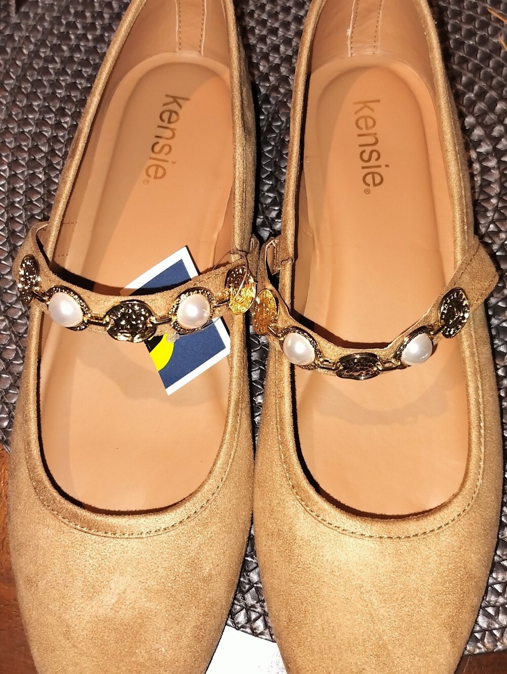 Kensie Tan Mary Jane Flats with Pearl & Gold Accents